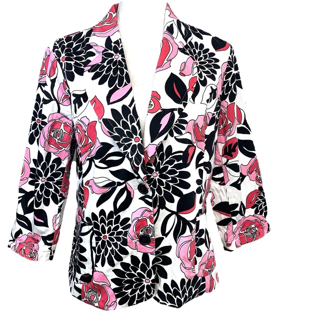 Joan‎ Rivers Colorful Blazer Jacket Medium Pink Black 3/4 Sleeve Pockets Retro